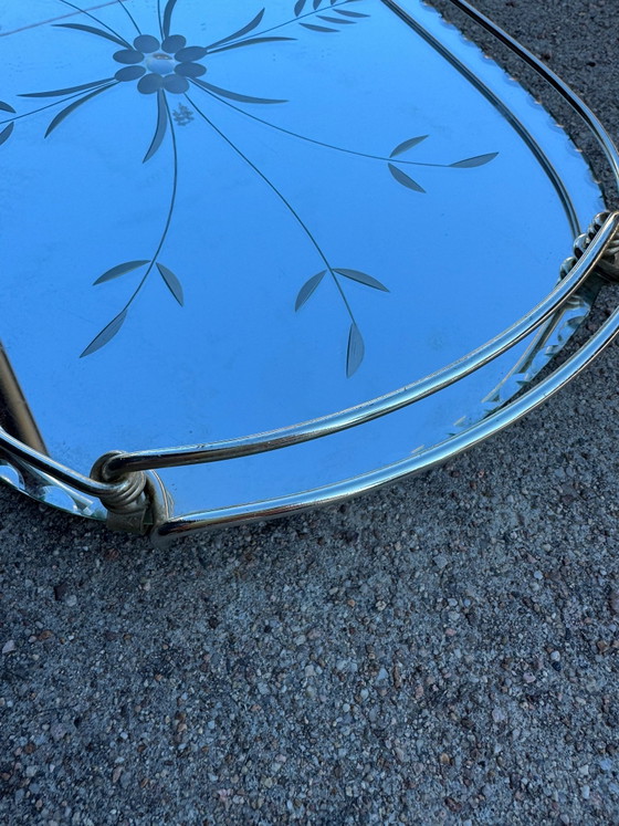 Engraved beveled mirror tray 50s, Decorative Objects, Glass, Chrome, Silver (photo 8 of 13)