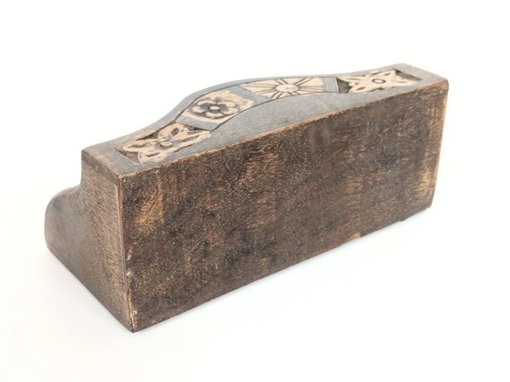 Image 1 of Vintage Hand Carved Walnut Desk Organizer Letter Holder with Botanical and Sun Motifs