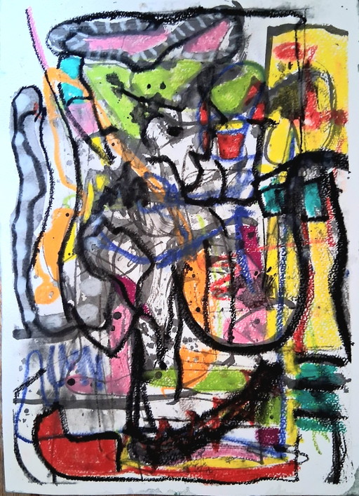 J'attrape un gros poisson, technique mixte avec encre et pastel à l'huile, art urbain