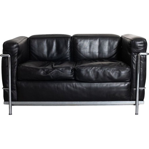 Vintage Lc2 Leder und Stahlrohrsofa für Cassina, 1928