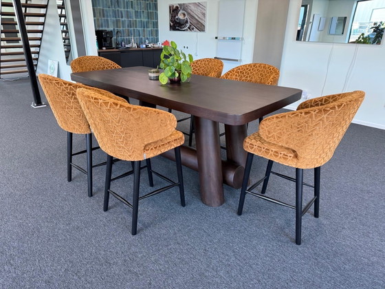 Image 1 of Richmond hoge tafel kersenhout 97x219cm set met 6 stoelen indigo triangle zithoogte 68 cm