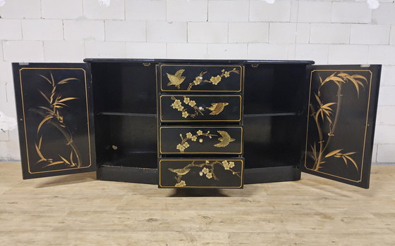 Image 1 of Vintage Chinese Sideboard / Lacquer Cabinet (Black / Birds) Bohemian / Oriental Chest of Drawers