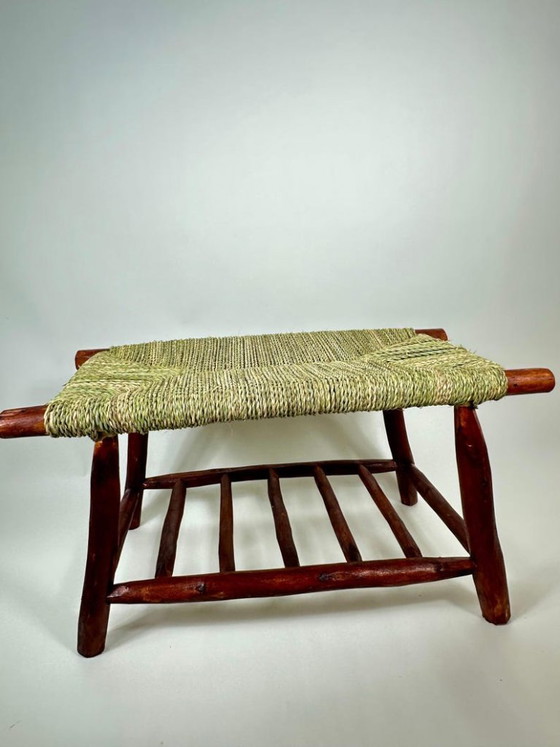 Image 1 of Panchina marocchina intrecciata a mano – Stile rustico boho, seduta in foglie di palma naturali