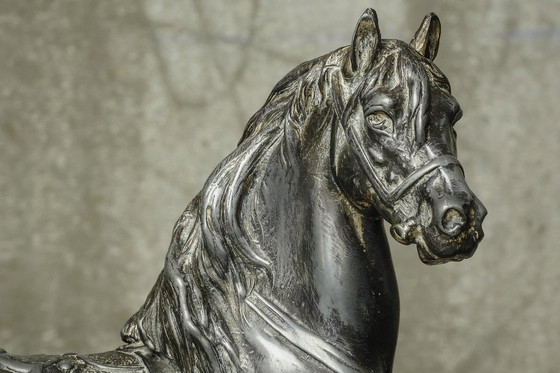 Image 1 of c. 1940 – Pair of Horses in Silvered Brass on Black Marble – France