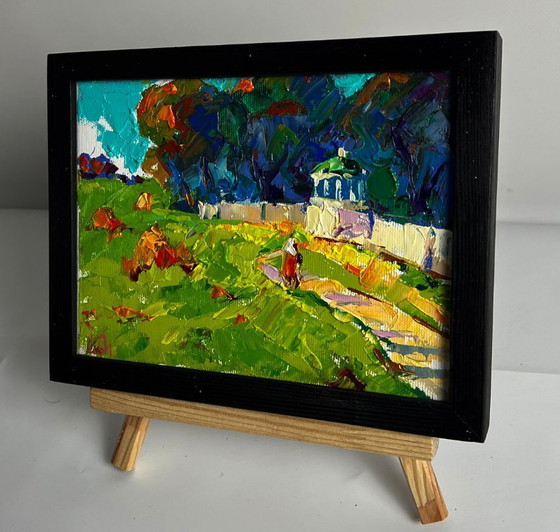 Image 1 of Peinture à l'huile originale, paysage rural, prairie, village, parc en forêt