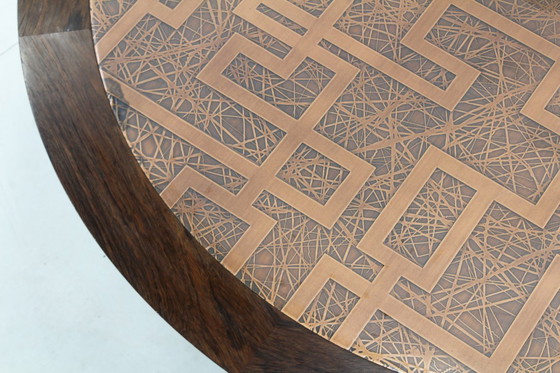 Image 1 of Vintage brutalist round coffee table of copper and wood, 1970s