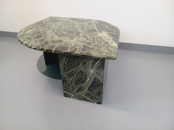 Image 1 of Vintage Square Coffee Table with 2 Tops in Green Marble and Smoked Glass from the 70s