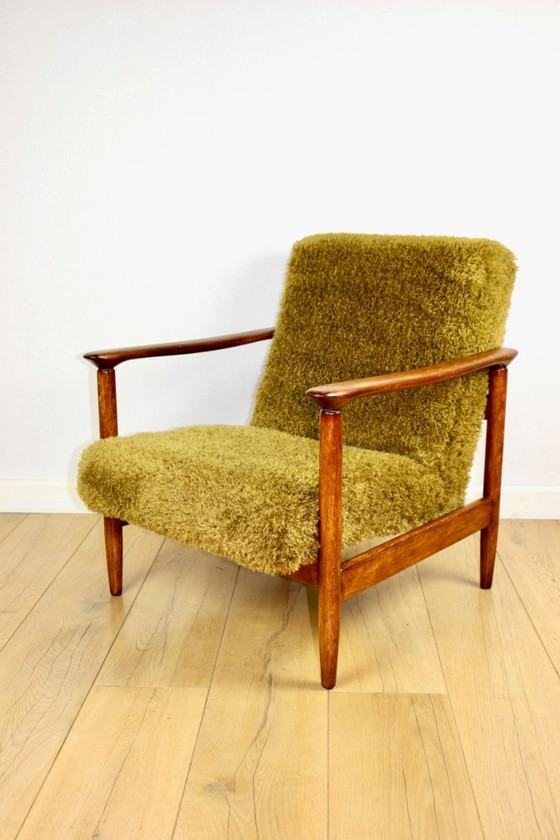 Image 1 of GFM-142 armchair designed by Edmund Homa from the 70s, ginger - high pile khaki / olive - 2 pieces available