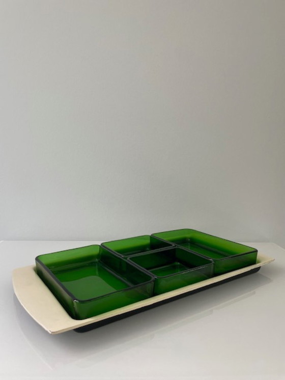 Image 1 of Vintage serving bowl with bright green glass trays - 1960s retro design