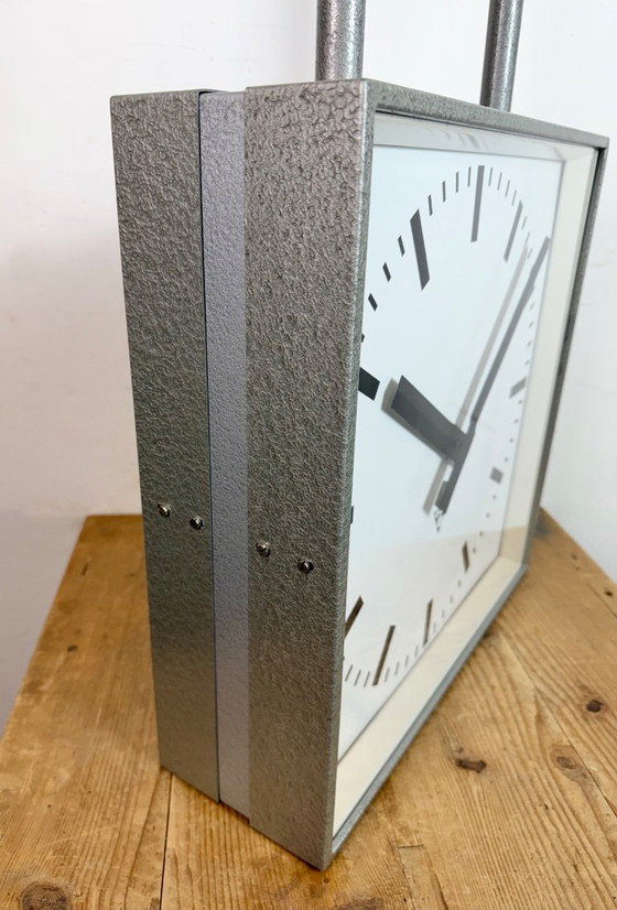 Image 1 of Large Square Industrial Double-Sided Factory Clock from Pragotron, 1960s