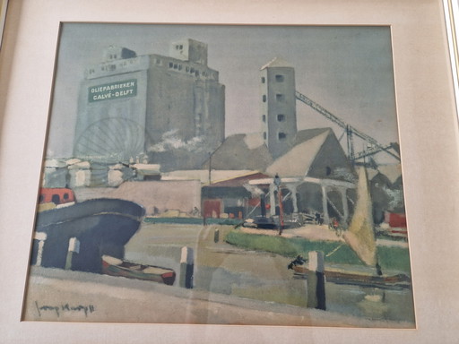 Aquarel Met Erop De Calve Delft (Pindakaas) Oliefabriek 1968