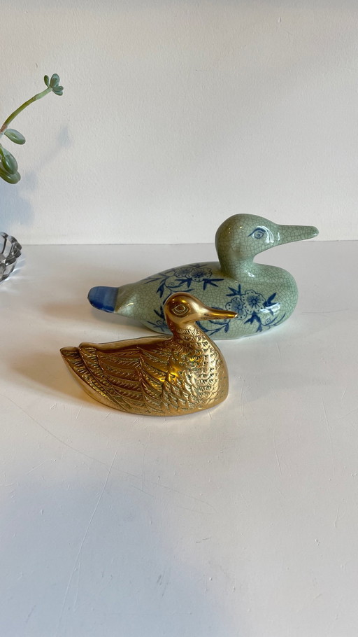 Duo De Canards En Ceramique Et Laiton Vintage Français