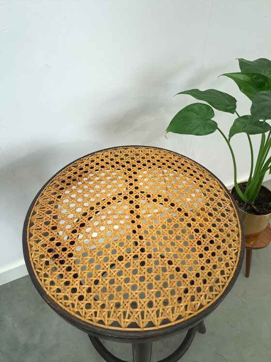 Image 1 of Set of 1950s wooden bar stools with webbing from France