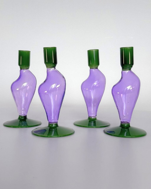 Lila and green glass candlesticks by &Klevering