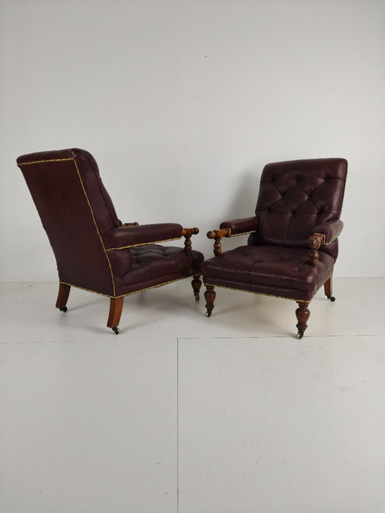 Pair of Antique Library Chairs - Original William Morris & Co Edinburgh Stamped Armchairs – Leather (photo 6 of 18)