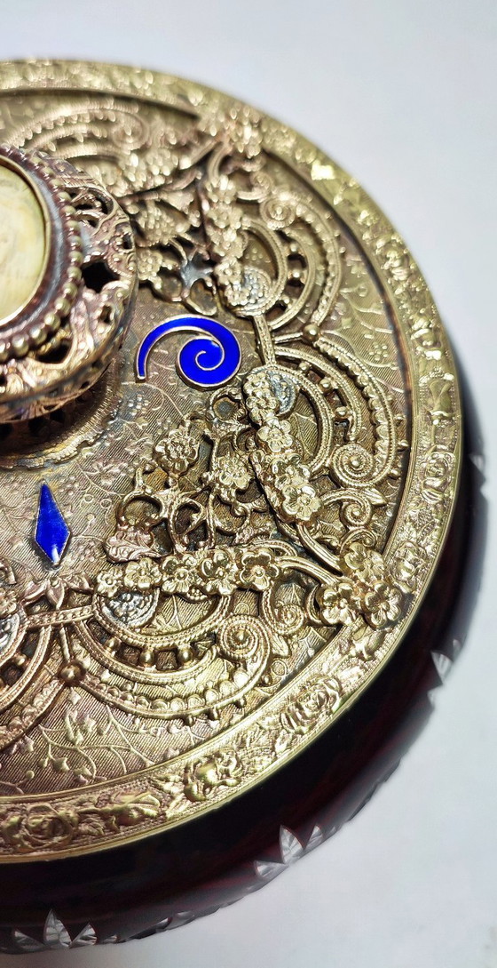 Image 1 of Scatola per gioielli in vetro e metallo E&JB Empire Gold Art. USA, anni '20.