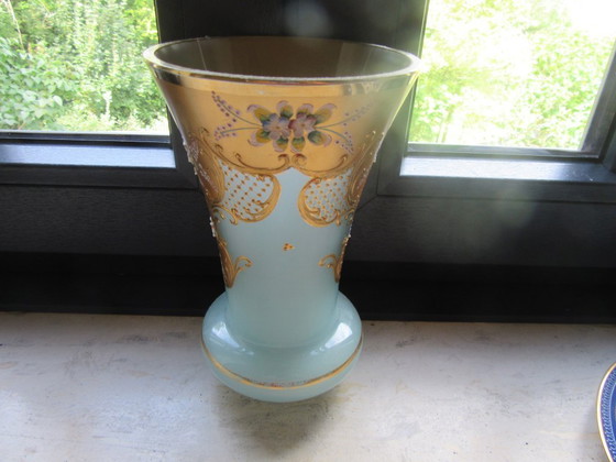 Image 1 of Art Nouveau Vase Large Heavy Enameled Turquoise Gold  