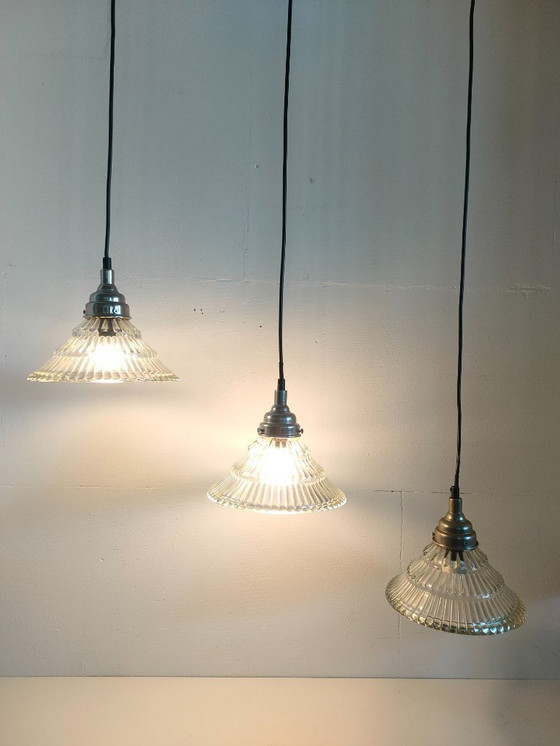 Image 1 of Set of 3 Glass Pendant Lights Holophane Style
