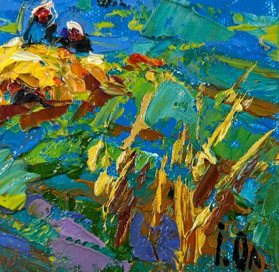 Image 1 of Original Oil Painting Evening Village Landscape Golden Harvest