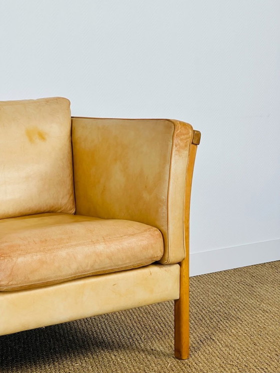 Image 1 of Vintage Scandinavian 2-seater sofa in beige leather and wood by Stouby, 1960s