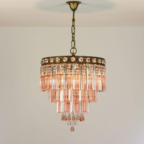 Image 1 of Exclusiva lámpara de araña francesa con colgantes de cristal de Murano italiano en forma de lágrima | cristal rosa salmón | años