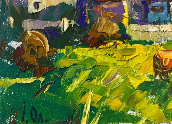 Image 1 of Original Oil Painting Colorful Village Landscape First morning of spring