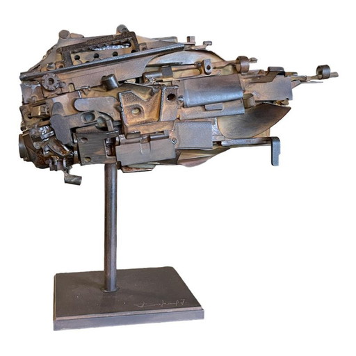 Sculptures Brutalistes Bateau / Poisson Assemblées en Acier par Jacques Dufrane, 2000