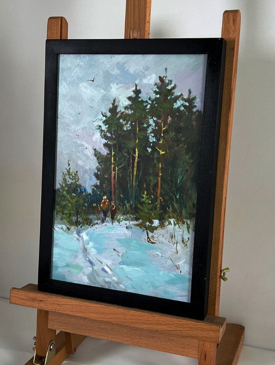 Image 1 of Peinture à l'huile originale, paysage naturel, pins enneigés, promenade dans la forêt hivernale