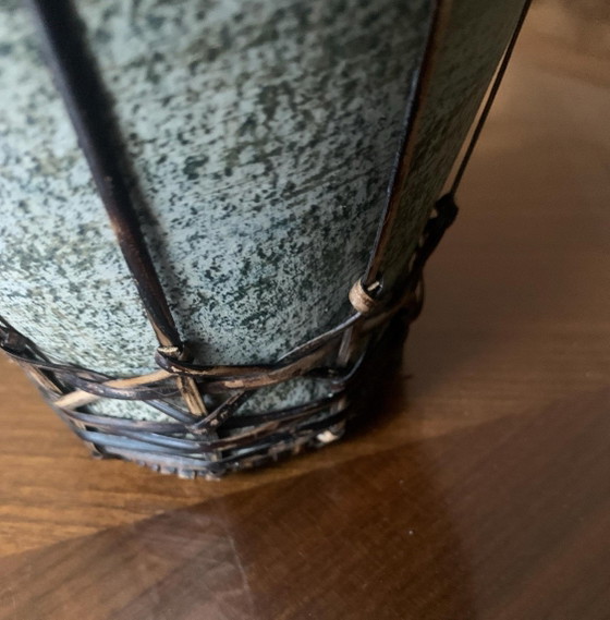 Antique Japanese Stoneware and Braided Bamboo Vase - Wabi-Sabi / Mingei Style, Ceramic, Multi Color (photo 7 of 10)