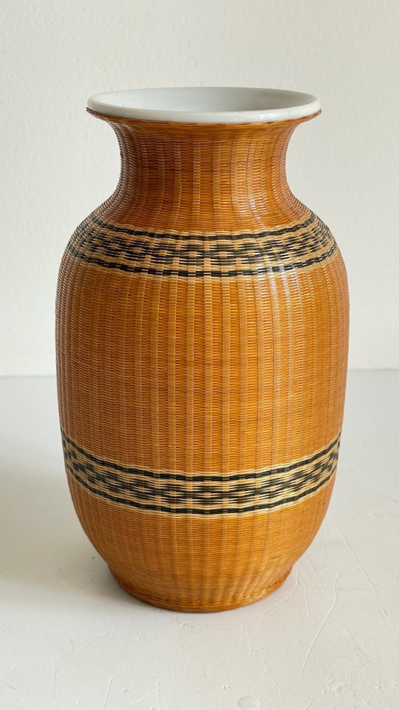 Image 1 of Vintage Woven Bamboo and Fine Porcelain Vase