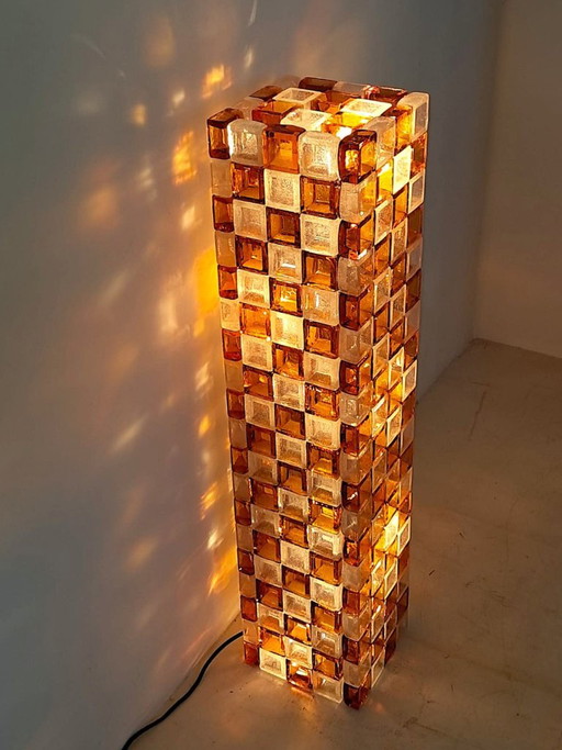 Lampada da terra in vetro Pulegoso ambra e cristallo di Poliarte, Italia, anni '70