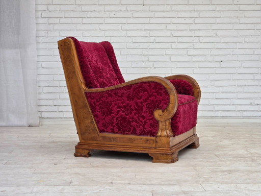 Anni '50, poltrona relax danese, velluto rosso per mobili, legno di quercia.