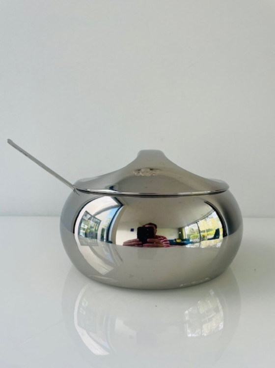 Image 1 of Vintage space age stainless steel sugar bowl with spoon – Tramontina design
