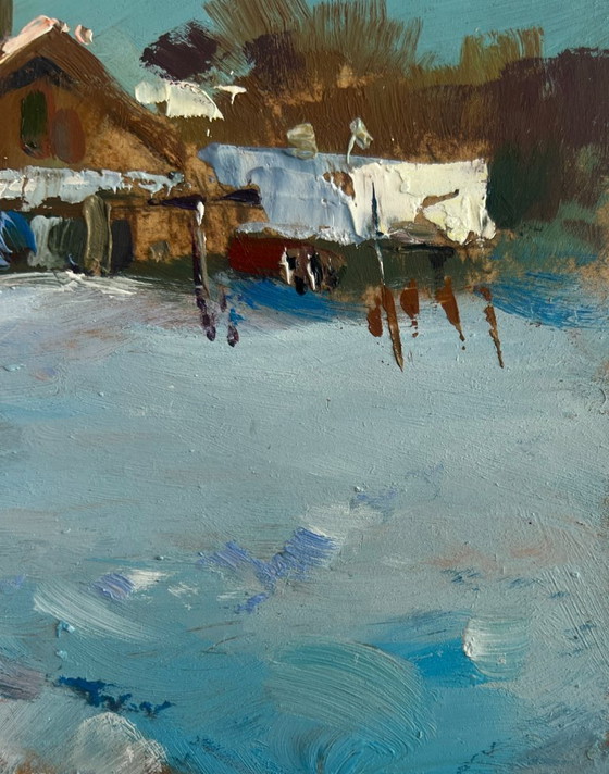 Image 1 of Original Oil Painting Winter House Landscape Winter path leading home