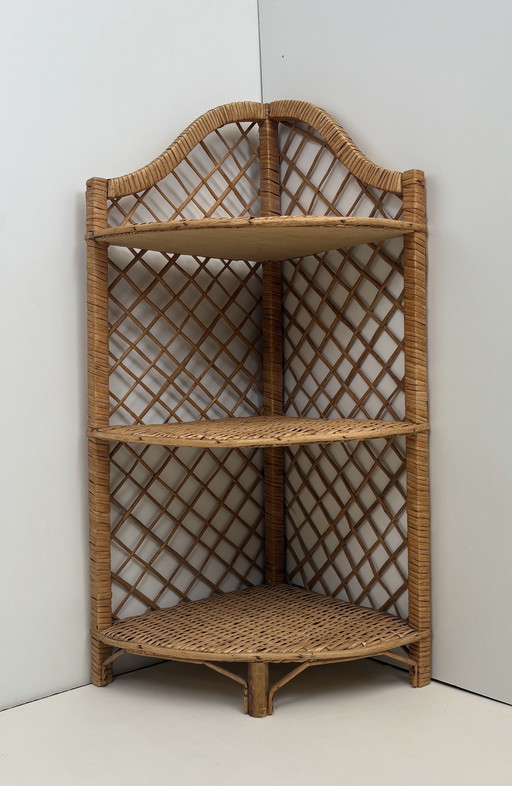 Vintage rotan hoek kastje keuken kruidenrek / planten kastje