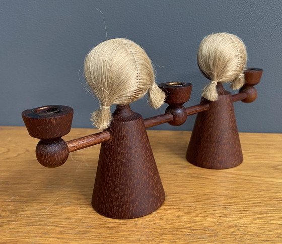 Image 1 of triple candelabro de teca/ velas figurita femenina 1960s