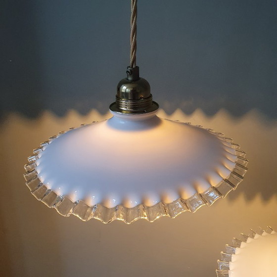 Set Vintage Pendant lamps Opaline glass - Transparent Decorative Edge – Metal (photo 11 of 24)