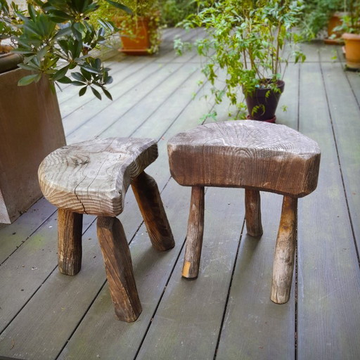 Pair of Brutalist tripod stools in grey pine. France, 50s
