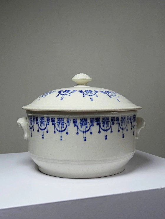 Vecchia casseruola in terraglia smaltata con decoro blu St Uze., Stoviglie, Porcellana, Art Deco (foto 2 di 13)