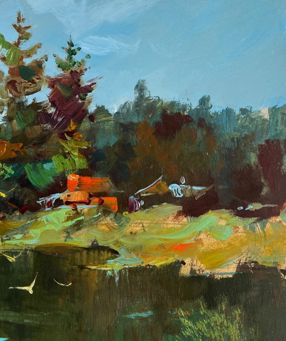 Image 1 of Original Oil Painting Summer Coastal Landscape A lonely boat by the river