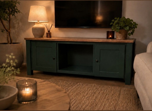 Meuble TV vert foncé de style campagnard avec plateau en bois massif