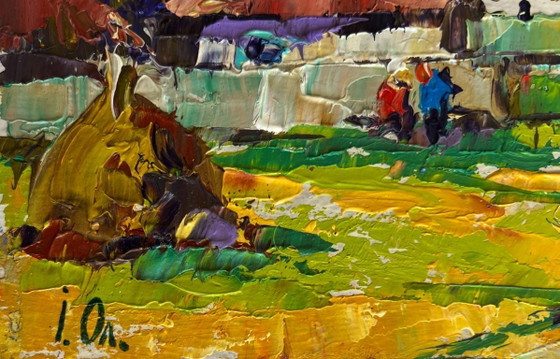 Image 1 of Original Oil Painting: Summer Village Landscape - They Are Sitting on a Bench in the Village