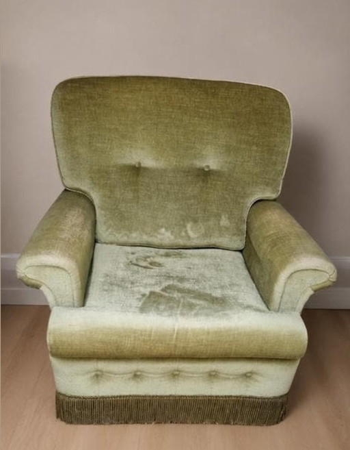 Poltrona club danese vintage anni '70 – Velluto verde oliva con frange