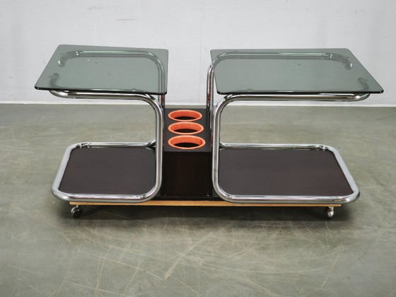 Rare 1970s Space Age Chrome, Smoked Glass and Wood Bar Cart – Metal (photo 14 of 14)