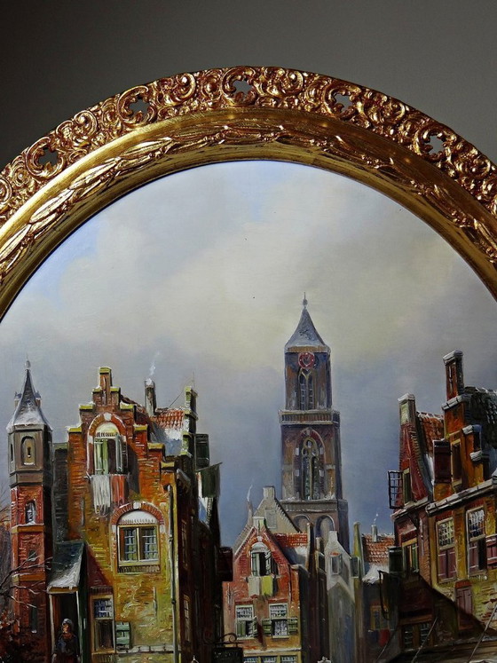 Image 1 of Large framed urban scene oil painting on wood by John Haanstra, vintage