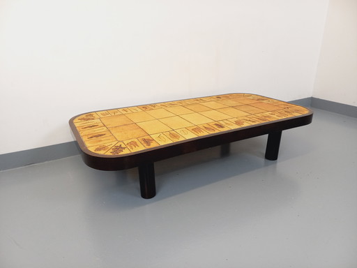 Vintage Roger Capron Donker Hout en Vallauris Keramiek Salontafel uit de jaren 60 en 70