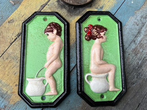 Vintage Cast Iron Toilet Restroom Signs Boy Girl Mint Green