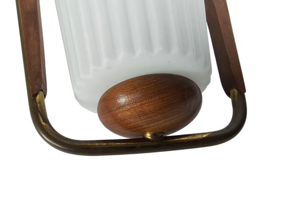 Image 1 of Design scandinavo - Vintage - teak - ottone - vetro smerigliato - lampada a sospensione - anni '60