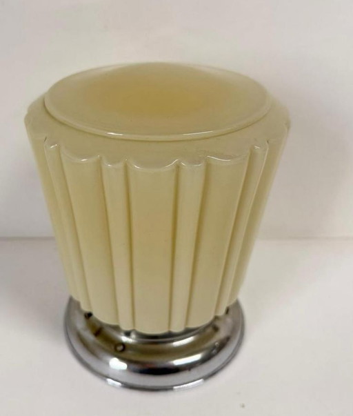 Vintage Geribbeld Crème Plafondlamp Art Deco Nikkel Armatuur
