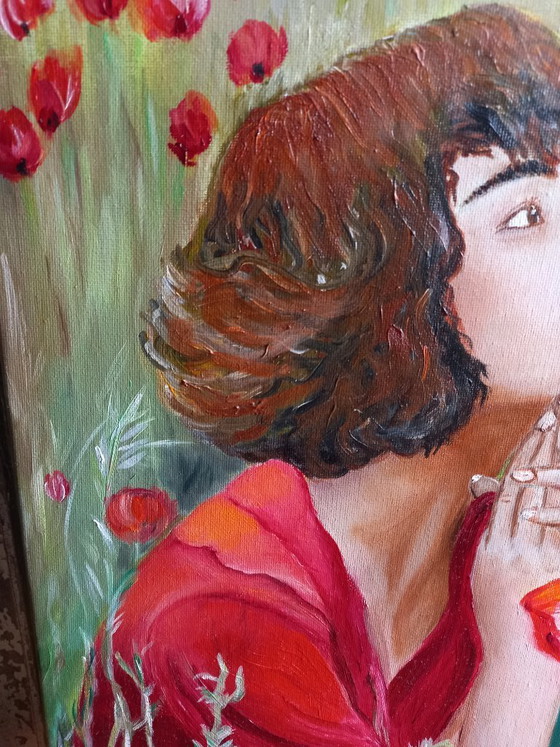 Image 1 of oil painting girl in a flower field